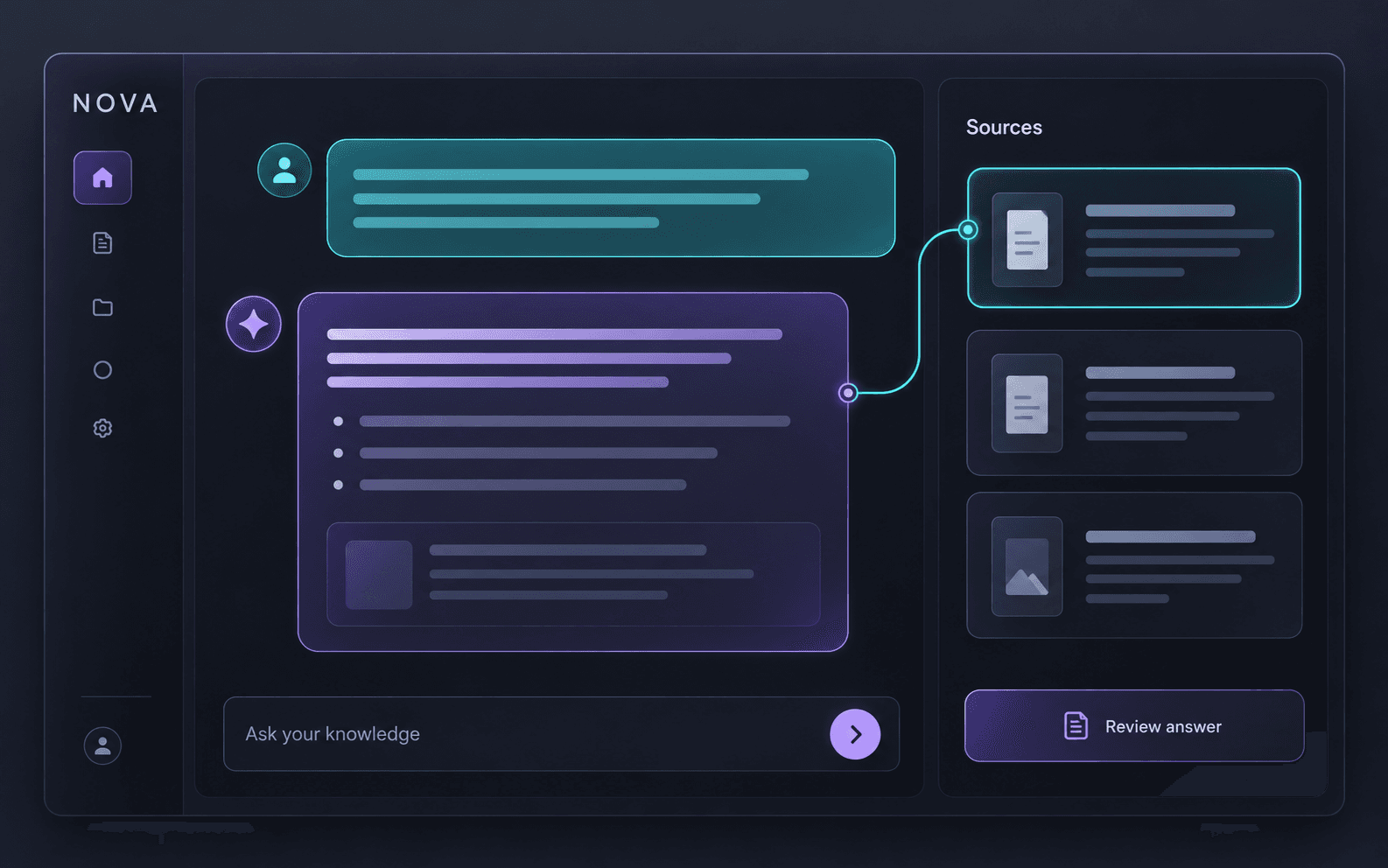 AI-generated NOVA assistant interface concept with a conversation and source document cards